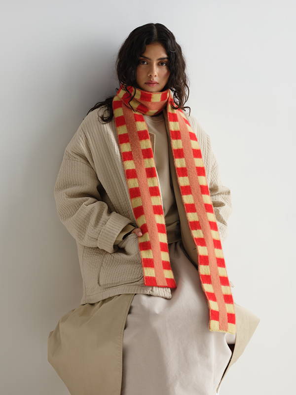 model wears Long Check & Stripe Brushed Scarf