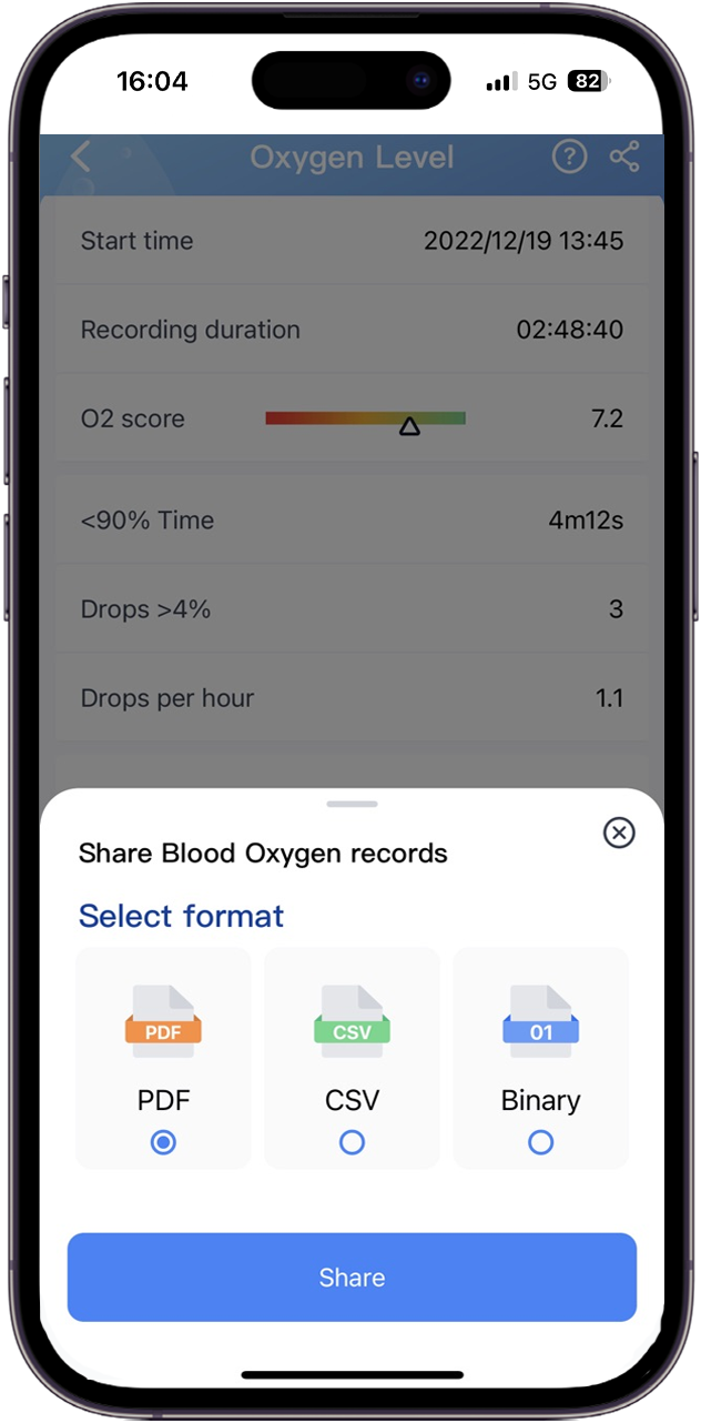 Aplicación para smartphone con monitor de oxígeno para dormir Wellue SleepU
