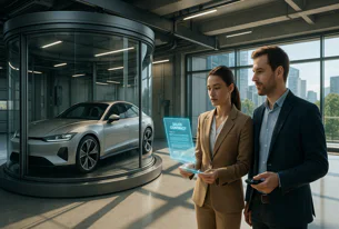 A silver sedan car is showcased in a modern glass cylinder. A woman and man in business attire examine a glowing holographic sales contract, likely at a futuristic car dealership.