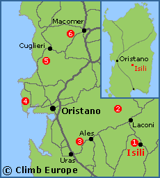 Map of the Rock Climbing areas around Oristano including Isili