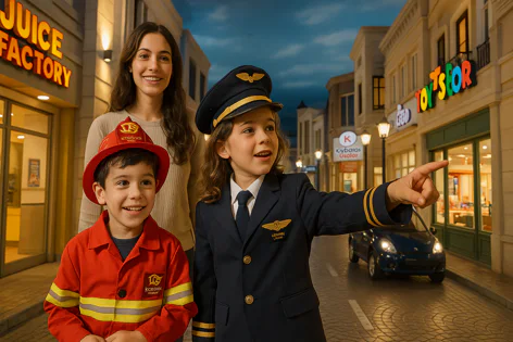 Smiling mother with two children dressed as a firefighter and pilot standing in a detailed miniature town street with buildings and car.
