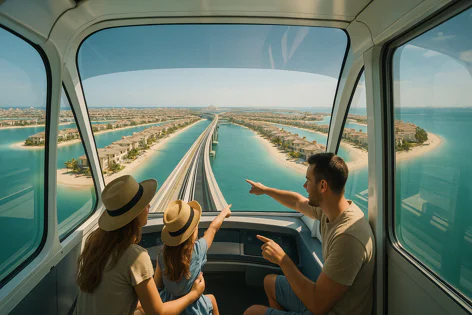 A family of three enjoys a scenic monorail ride, looking out at a vast artificial island development with luxury villas surrounded by turquoise water and white beaches.