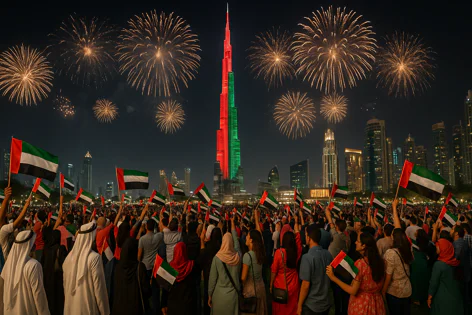 A crowd waves UAE flags while watching fireworks light up the night sky and the Burj Khalifa building in Dubai during a celebration.