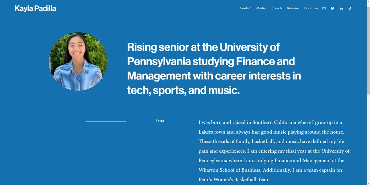 Screenshot of Kayla Padilla, from the digital portfolio examples collection.
