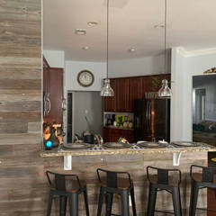 kitchen counter with reclaimed wood panels