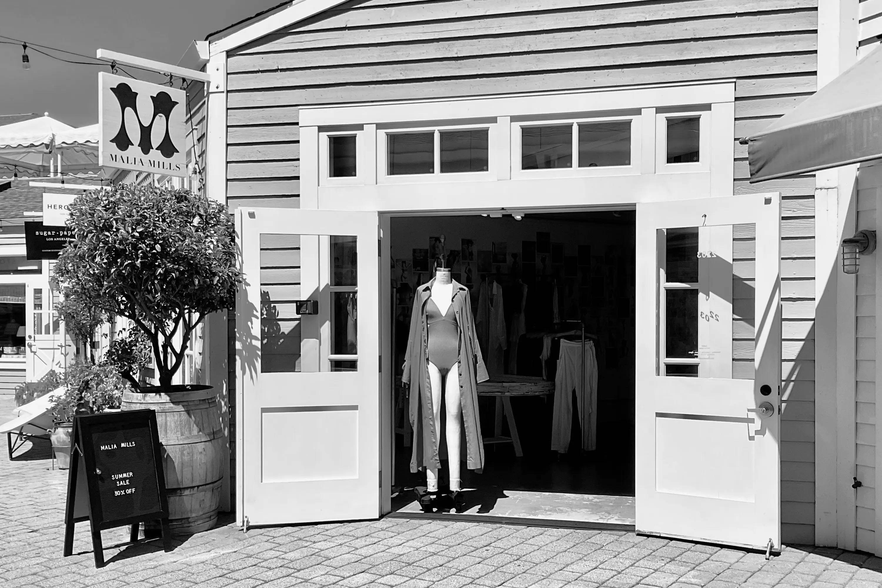 Exterior of the Malia Mills swimwear boutique on Sacramento Street in San Francisco