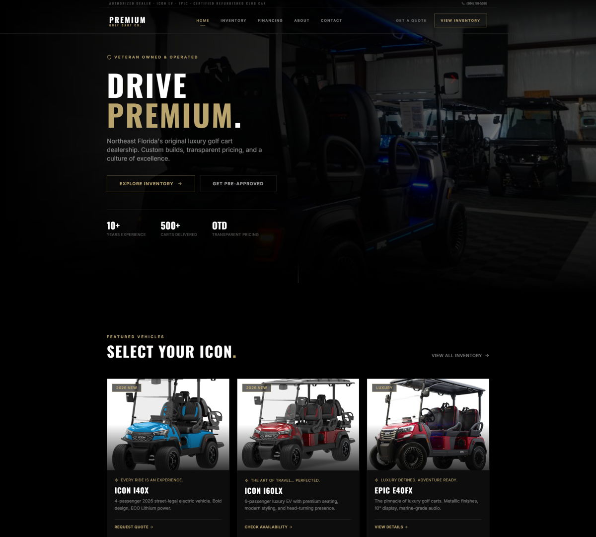 Screenshot of Premium Golf Cart Co., from the base44 websites collection.