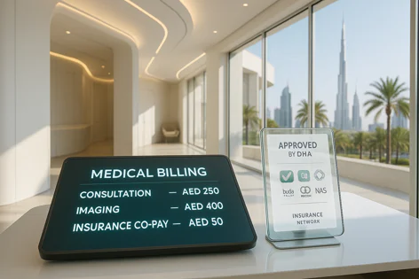 Modern medical clinic interior showing digital billing display and sign with DHA approved insurance networks. Dubai skyline and Burj Khalifa view.
