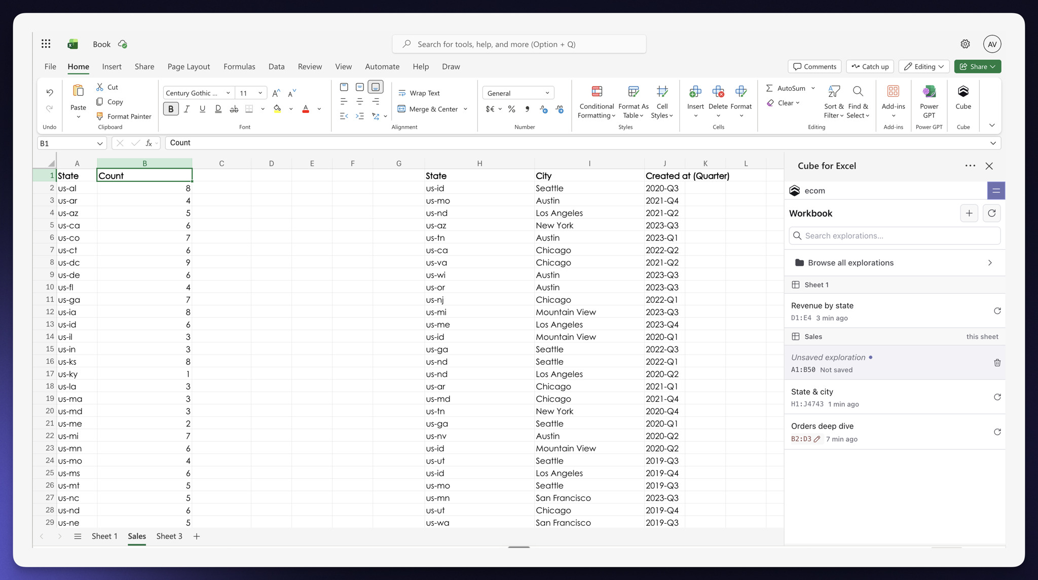 Cube for Excel showing a workbook home with multiple explorations grouped by sheet