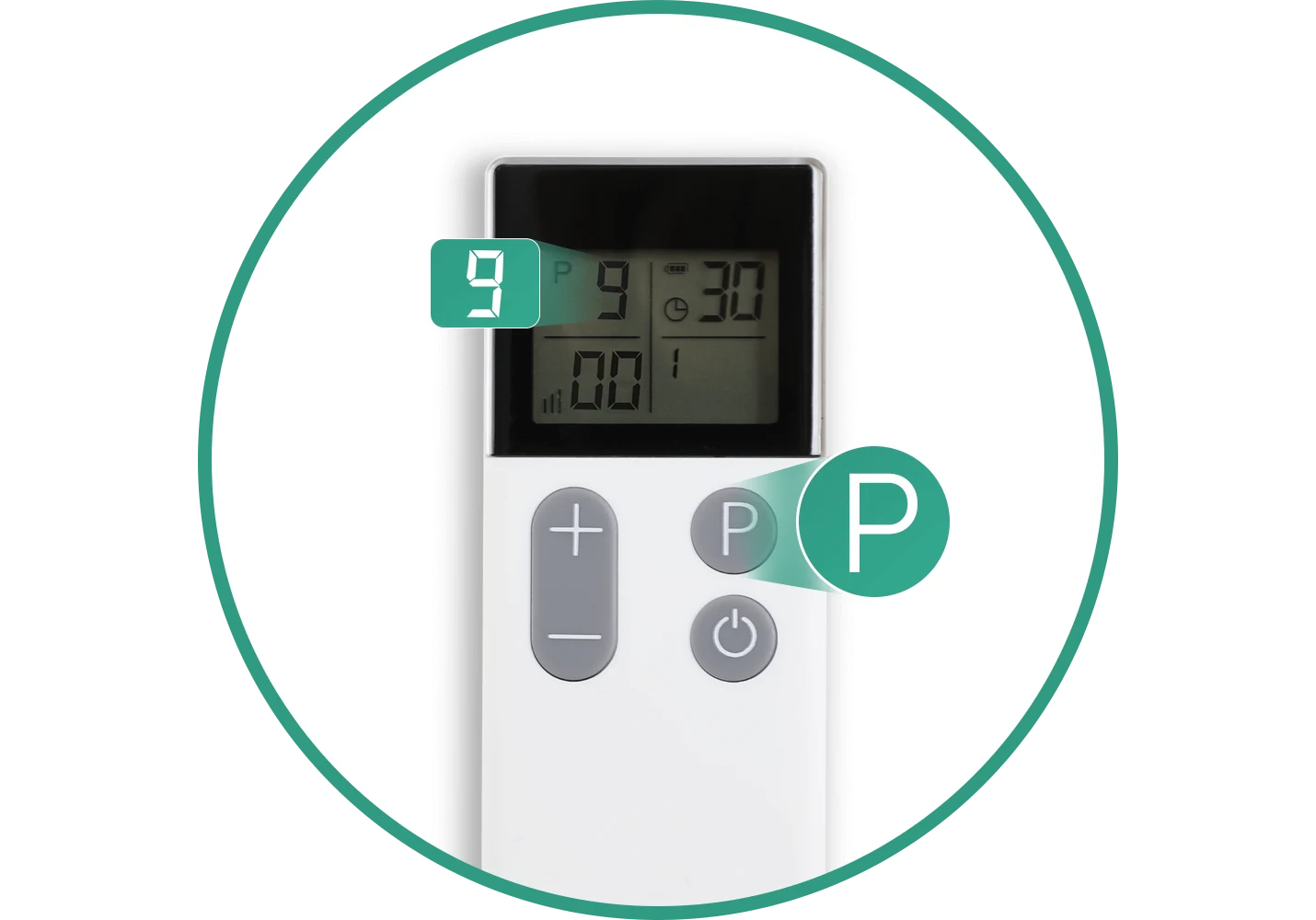 WellueワイヤレスTENSリモートディスプレイにプログラム9が選択され、モード選択ボタンが強調表示されている