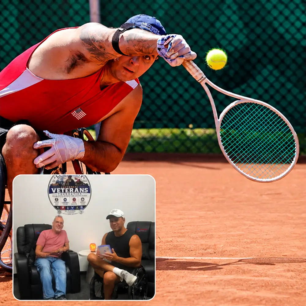 Wheelchair tennis athlete competing on court, highlighting the portability of Wellue wireless TENS during an active lifestyle.