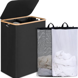 Laundry Hamper with Lid, 160L Tall Laundry Basket with Bamboo Handles for Clothes and Toys, Collapsible Laundry Hamper with 2 Inner Bags for Bedroom and Bathroom, Black
