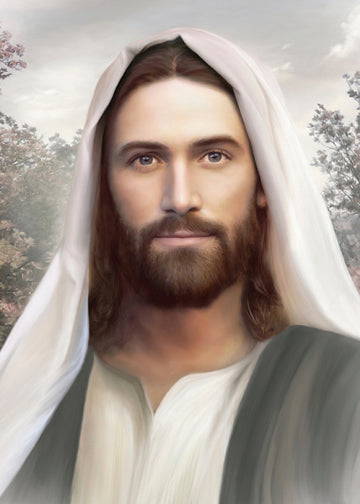 Portrait of Jesus. He has a white robe and is standing in front of a grey scky.