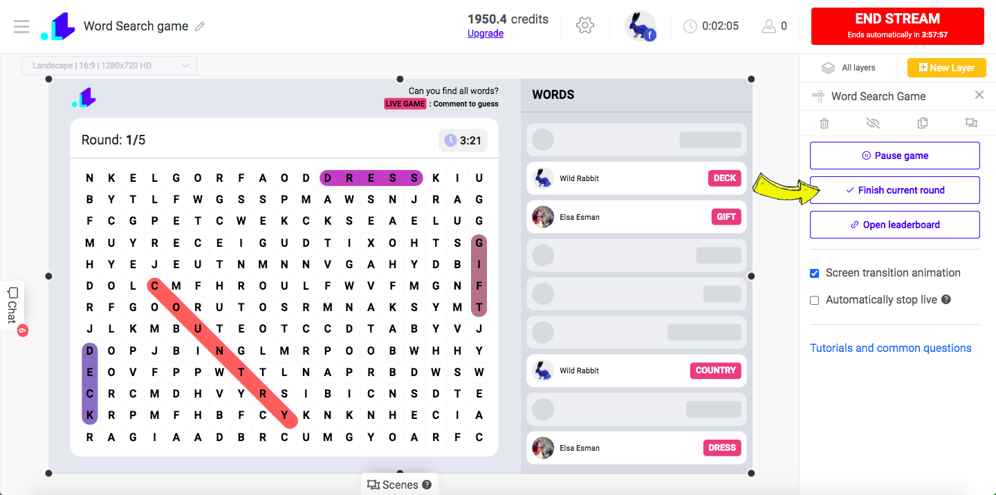 Word search finish current round