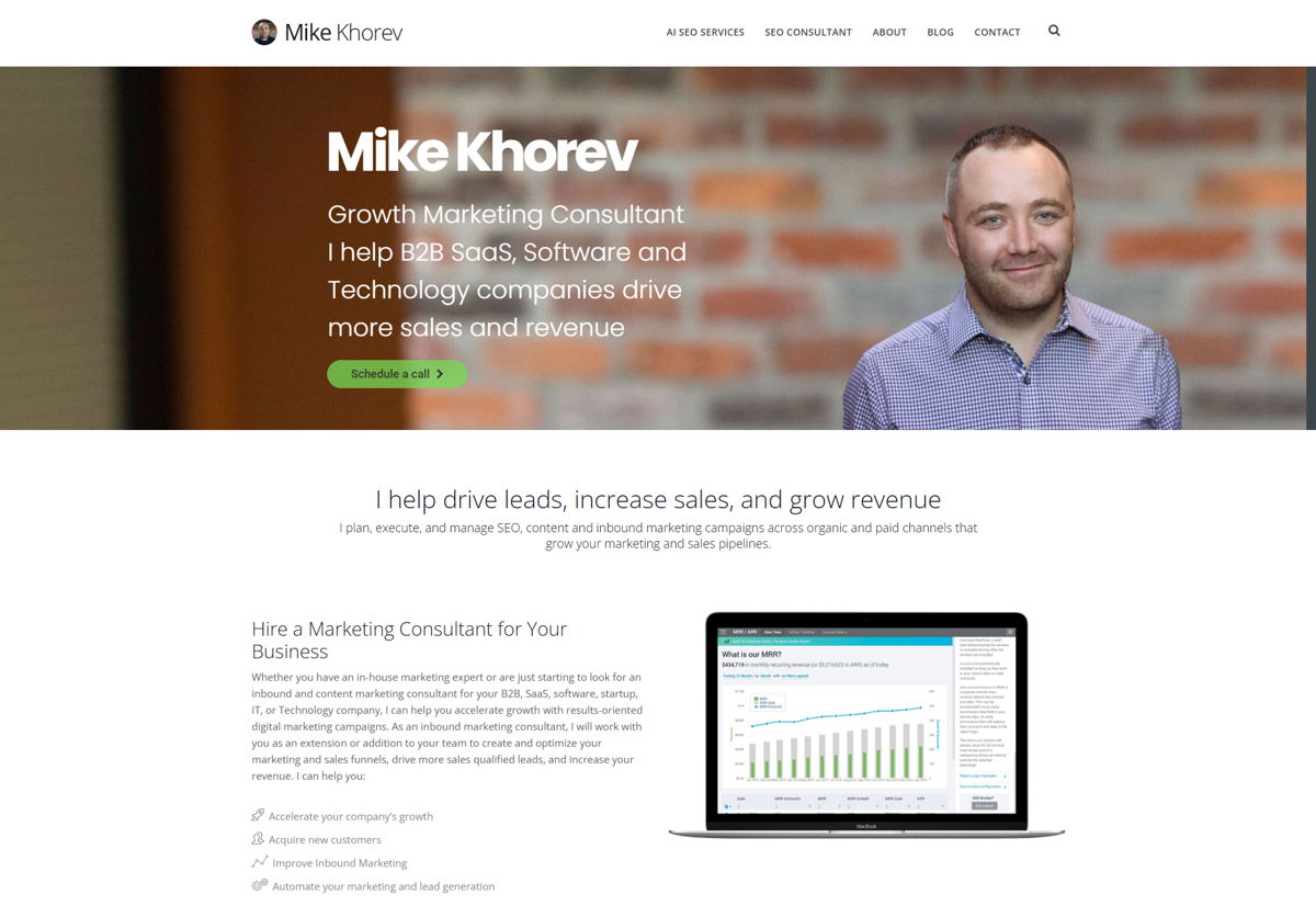 Screenshot of Mike Khorev, from the seo portfolios collection.