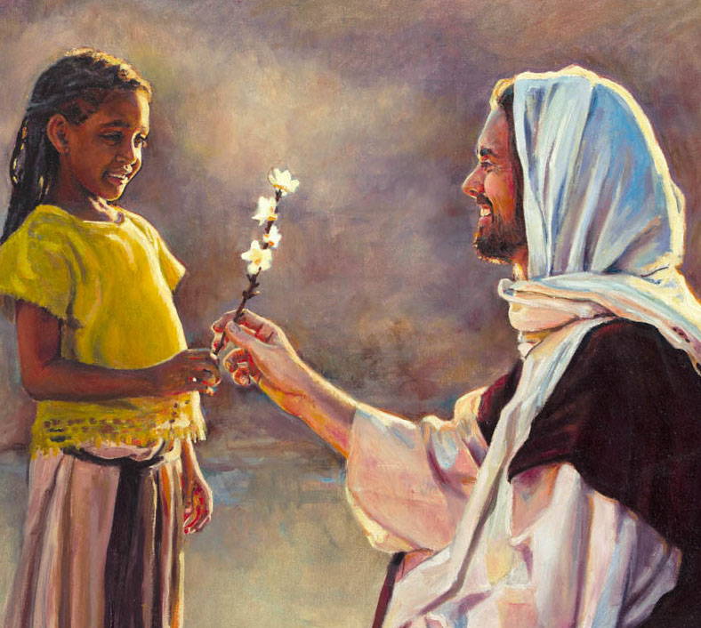 A small girl giving a branch of blossoms to Jesus. 