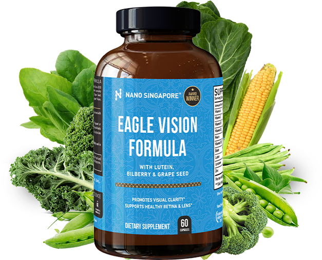 A bottle of the best lutein supplement surrounded by food sources of lutein