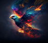 Imagen de un pájaro con plumas de todos los colores y renaciendo de su fuego, como un fénix