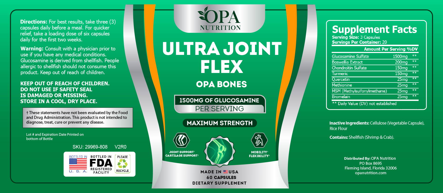 OPA NUTRITION GLUCOSAMINE CHONDROITIN MSM AND TURMERIC JOINT SUPPORT LABELS & DIRECTIONS