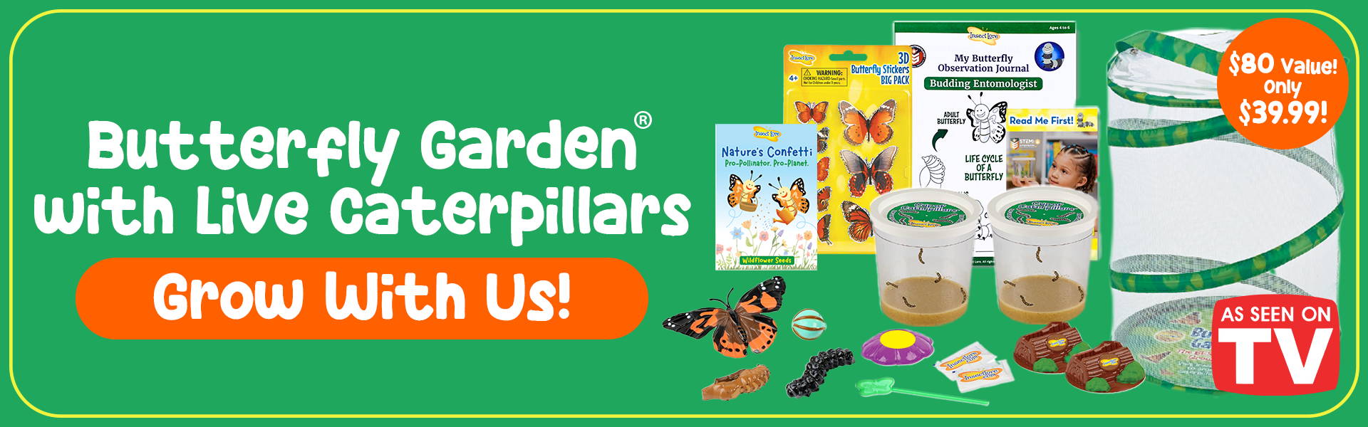 Yellow Banner Showcasing Insect Lore's September Deal of the Month. Mini Butterfly Garden Mesh Habitat, Two Cups of baby Caterpillars, Butterfly Life Cycle Stages Figurines, Butterfly Wind-Up Toy, Sugar Packets, Nectar Dropper, Chrysalis Holding Logs.