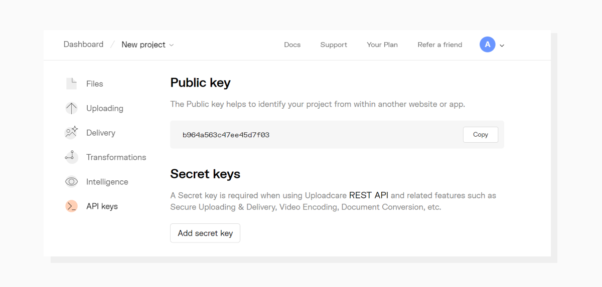 The content on the API keys page