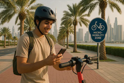 Young man with helmet and backpack checking phone by e-scooter on a palm tree-lined path near a city skyline and a micro-mobility zone sign.