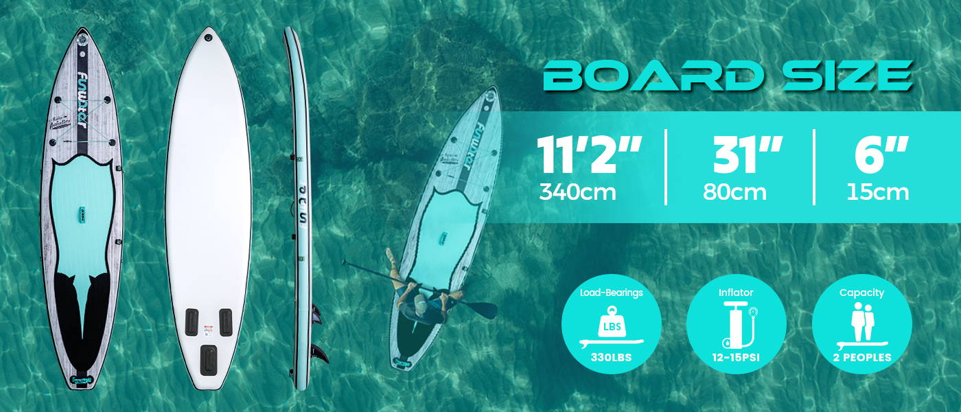 Inflatable paddle board size is 11'2" in length, 31" in width, load-bearings is 330LBS, inflator is 12-15 PSI, capacity is 2 peopels
