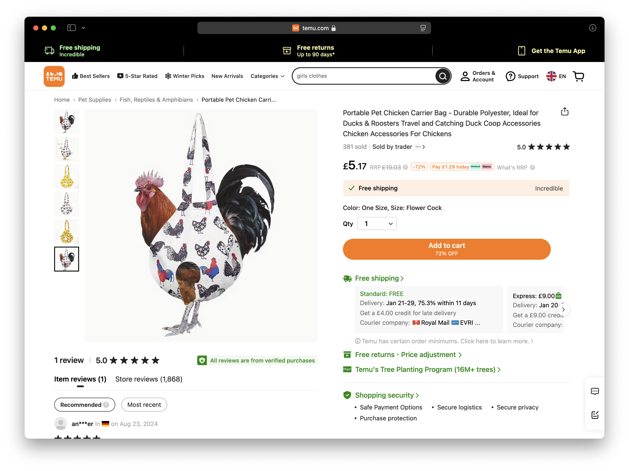 A screenshot of a product on the marketplace ‘Temu’, the product is described as “Portable Pet Chicken Carrier Bag - Durable Polyester, Ideal for Ducks & Roosters Travel and Catching Duck Coop Accessories Chicken Accessories For Chickens”, the product image shows a Rooster in the bag, the bag has carrying handles.