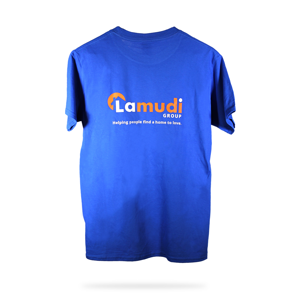 Back Lamudi logo direct to film printing on royal blue Cotton polyester round neck shirt