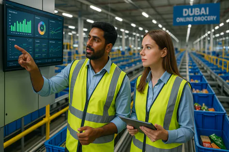 Two logistics workers in safety vests reviewing data on a screen in a large Dubai online grocery warehouse with aisles of blue bins.