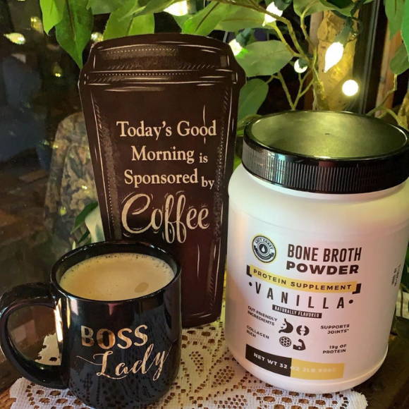 customer shows her coffee and left coast protein