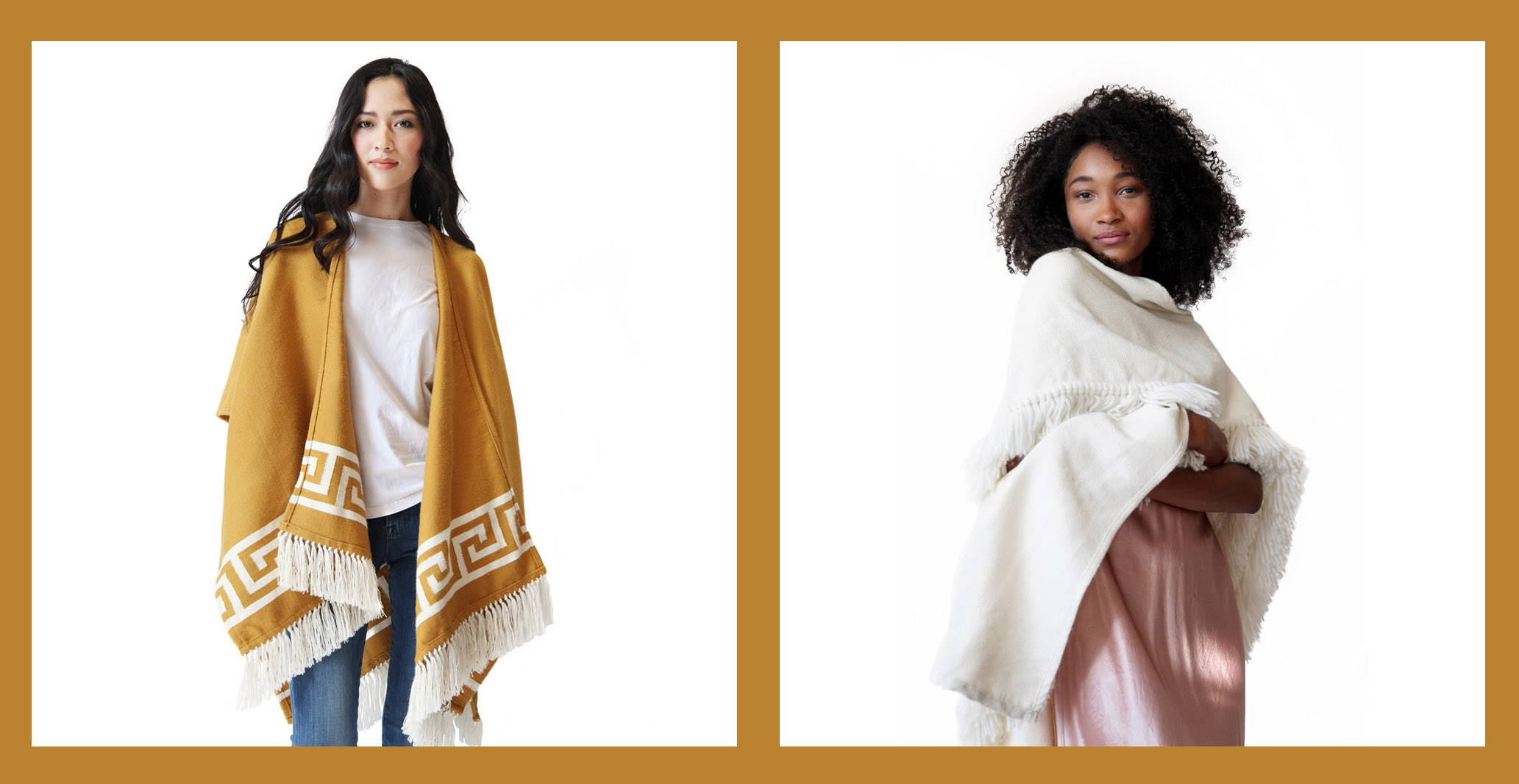 Women wearing Stick & Ball Alpaca Ruana Wraps - Inca Gold & Winter White Fringe