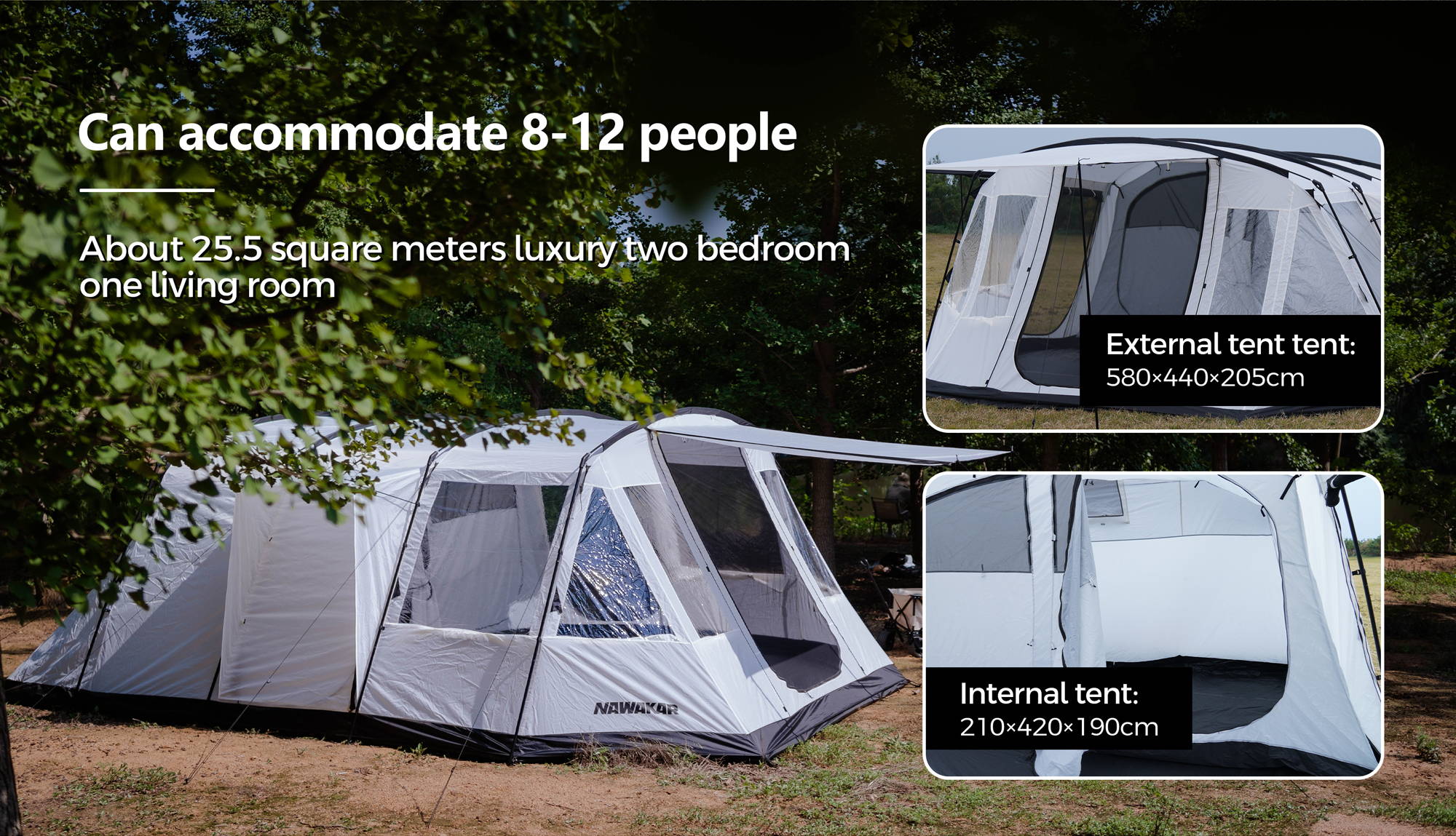 This camping tent can accommodate 8-12 people with 2 bedroom and 1 living room inside