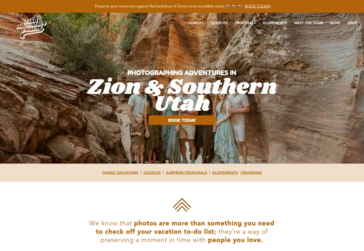 Screenshot of Zion Adventure Photog, from the wix blog examples collection.