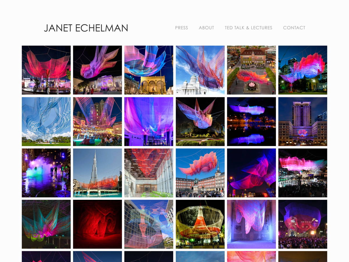 Screenshot of Janet Echelman, from the squarespace portfolio examples collection.