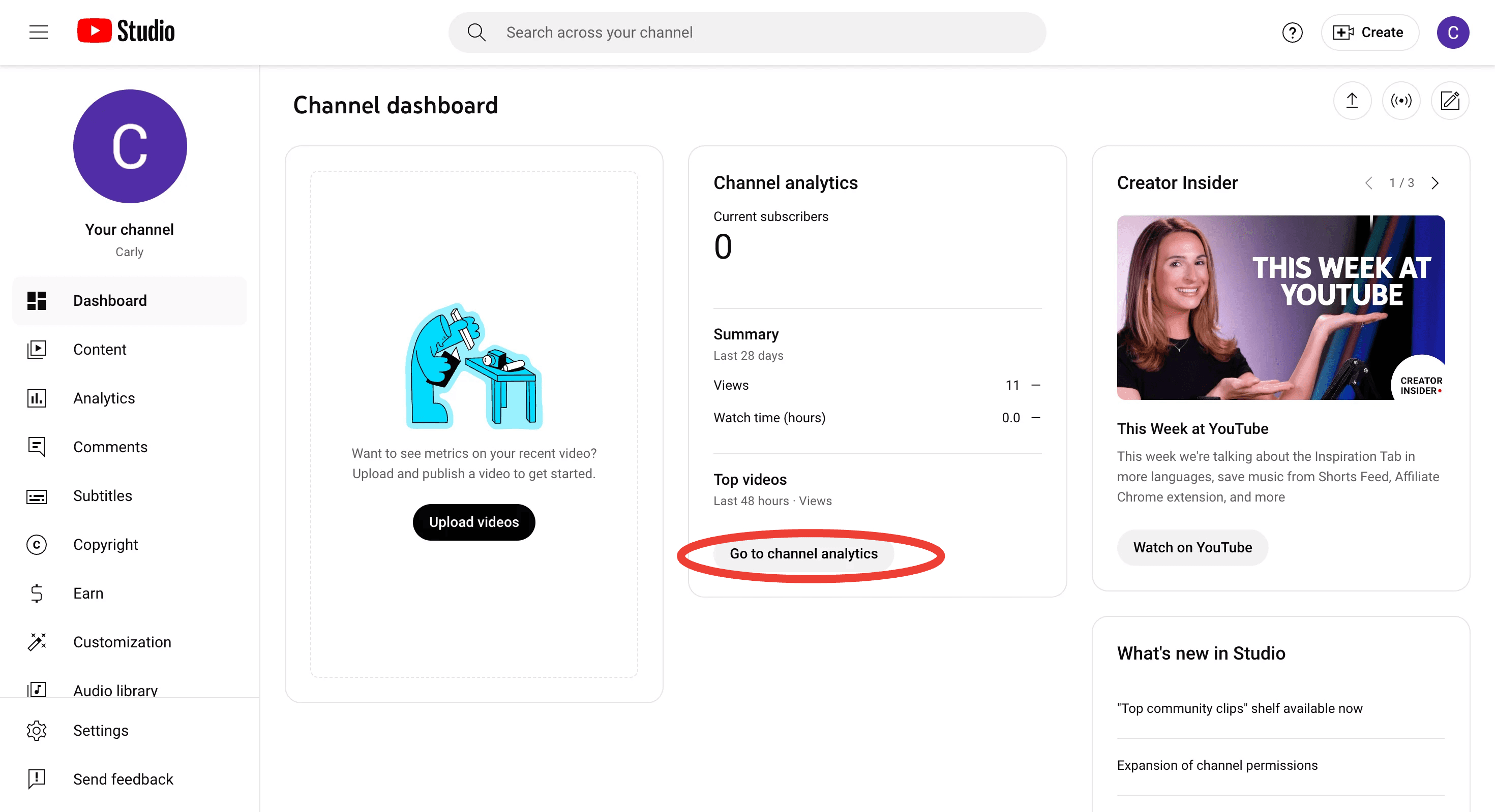  YouTube Studio dashboard showing users how to click on 'Go to channel analytics' 
