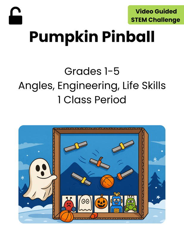 Image of a Halloween STEM lesson for elementary students featuring a cardboard Pumpkin Pinball game with pumpkins ghosts and simple machines. Shows a hands-on 3DuxDesign STEM kit for boys and girls that supports early learning engineering skills angles and forces. Ideal for teachers seeking standards-aligned STEM education lesson plans and project-based learning activities for the classroom.