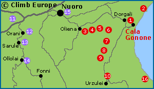 Map of the rock climbing and bouldering areas around Nuoro and Cala Gonone