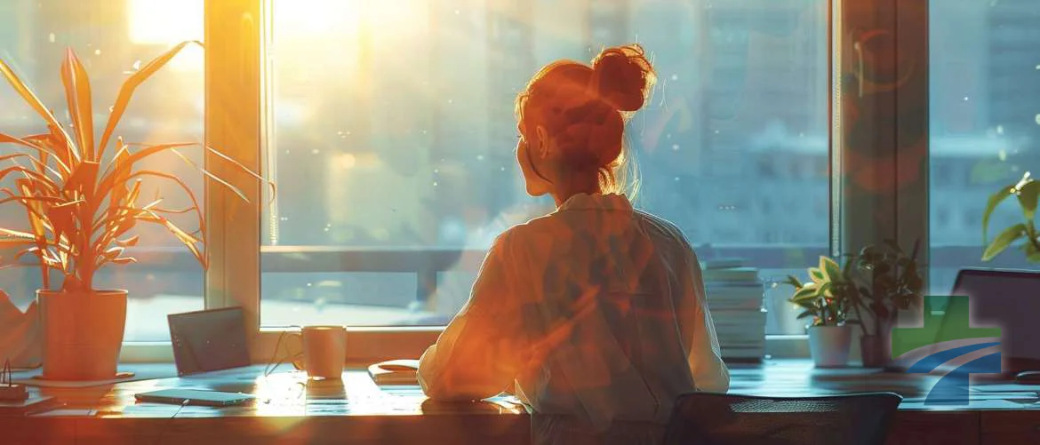 Nurse contemplating the day ahead with coffee before using digital tools.