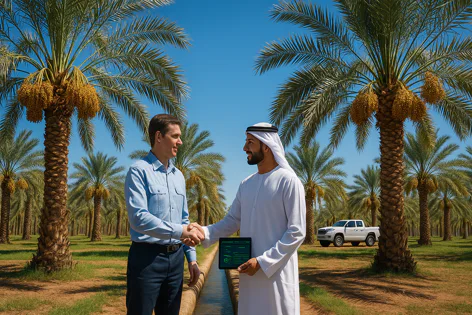 Two men, one in a blue shirt, one in Emirati dress, shake hands in a date palm grove with ripening fruit. The Emirati man holds a tablet. An irrigation channel flows between them.