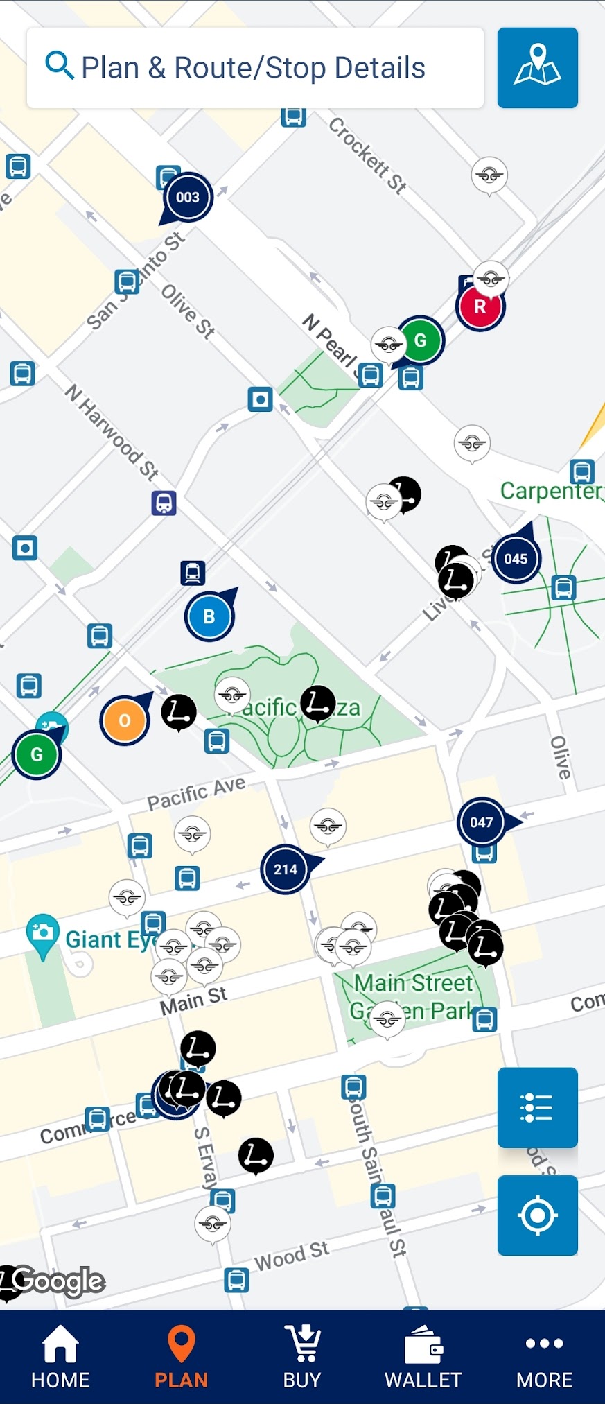 Screenshot of the GoPass app from DART, showing the live location of trains, buses, Bird scooters, and Superpedestrian scooters.
