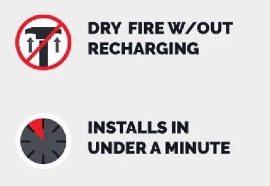 Banner Image Reading "dry fire w/out recharging" and "installs in under a minute"