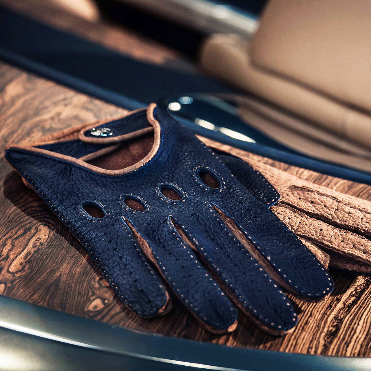 Blue brown driving gloves