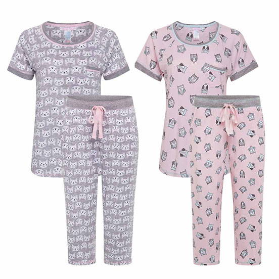 Womens Hack Capri Sleepwear Set in Cats and Pink Owls pattern 