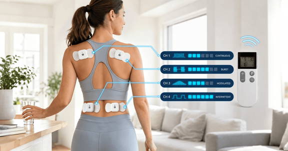 Woman wearing Wellue wireless TENS pods on the upper and lower back with four independently controlled therapy channels displayed.