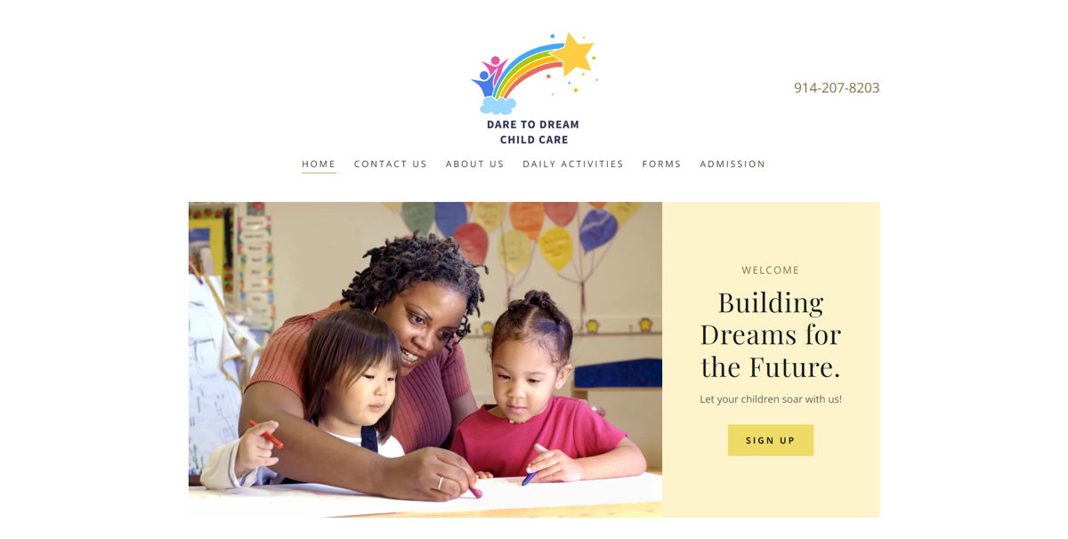 Screenshot of Dare to Dream Child Care Center , from the childcare & daycare websites collection.