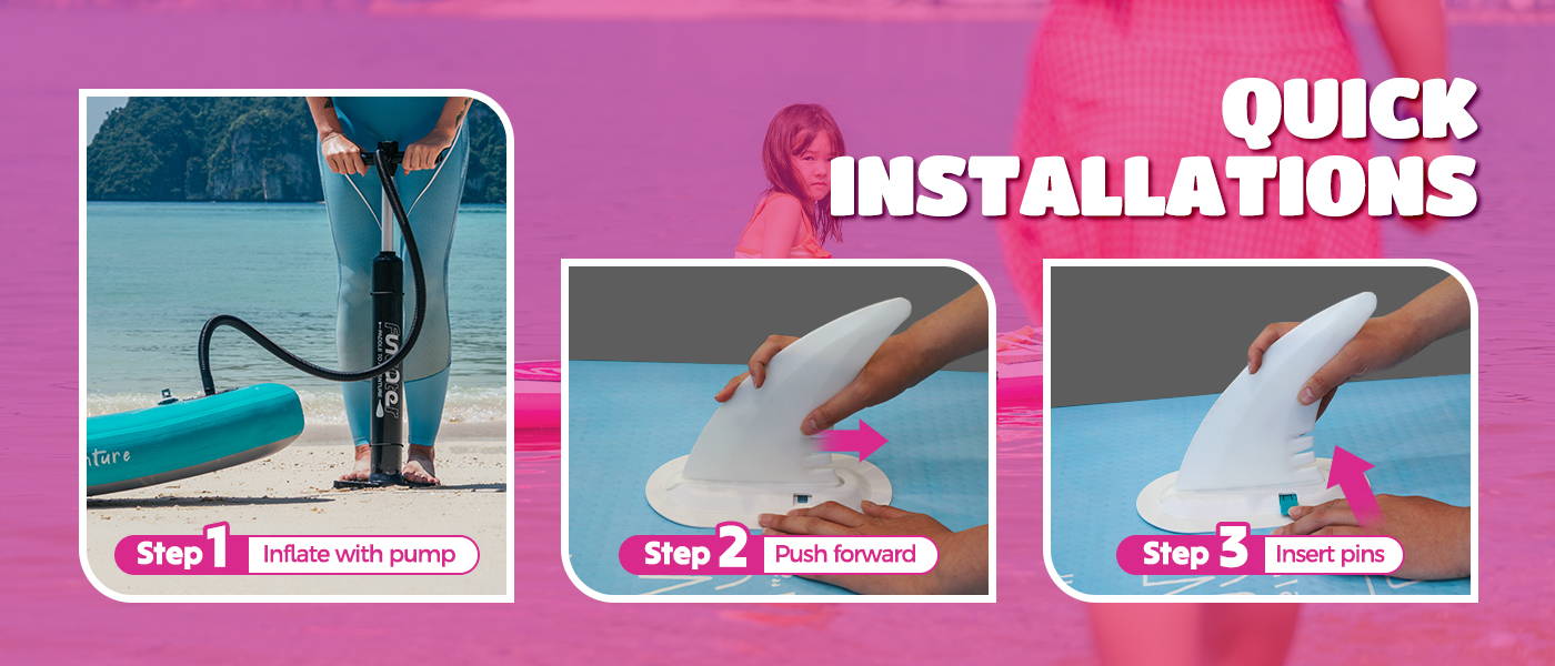 Blow up paddle board support quick installations: inflate your iSUP with pump, push fins forward, and insert fin pins
