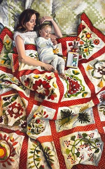 Painting of a mother lying in an immense quilt with her playful toddler.