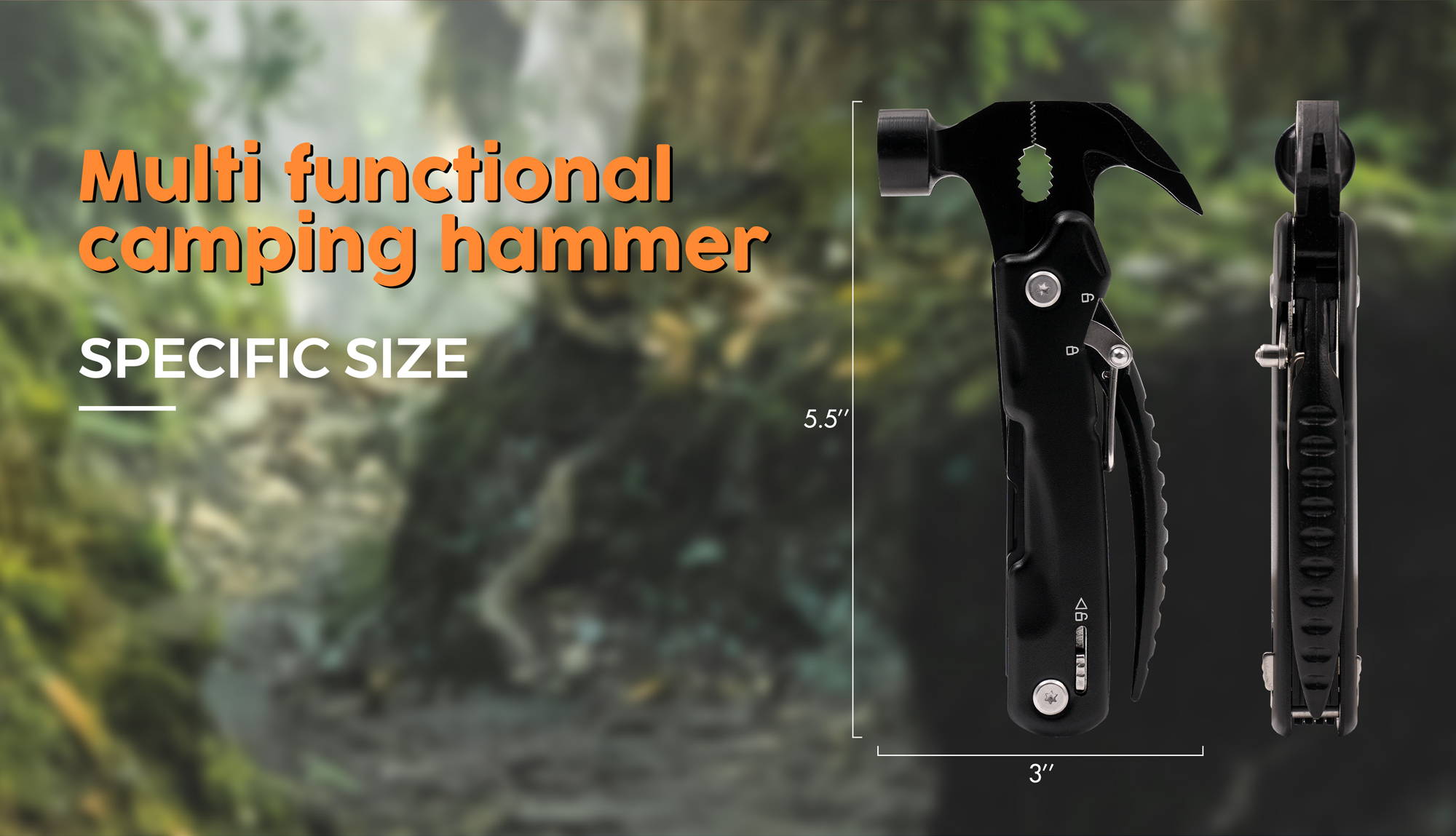 The size of this multi functional camping hammer is 5.5'' in length and 3'' in width