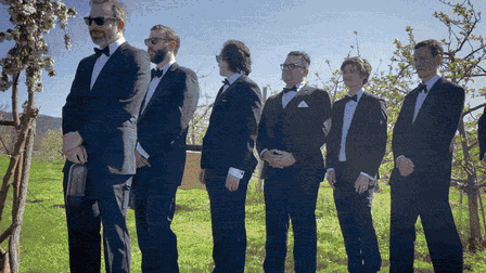 A gif of groomsmen lined up at a wedding and a man typing on a keyboard.